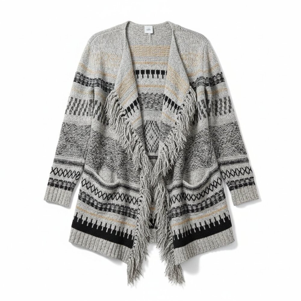 Cabi 3701 Gray Stripe Shetland Fringe Cardigan Sweater Small Tribal Boho